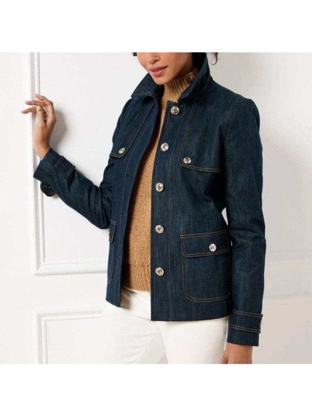 Talbots Plus Womens 3X Refined Denim Short Trench Coat Utility Jacket Barn NEW - Picture 1 of 8